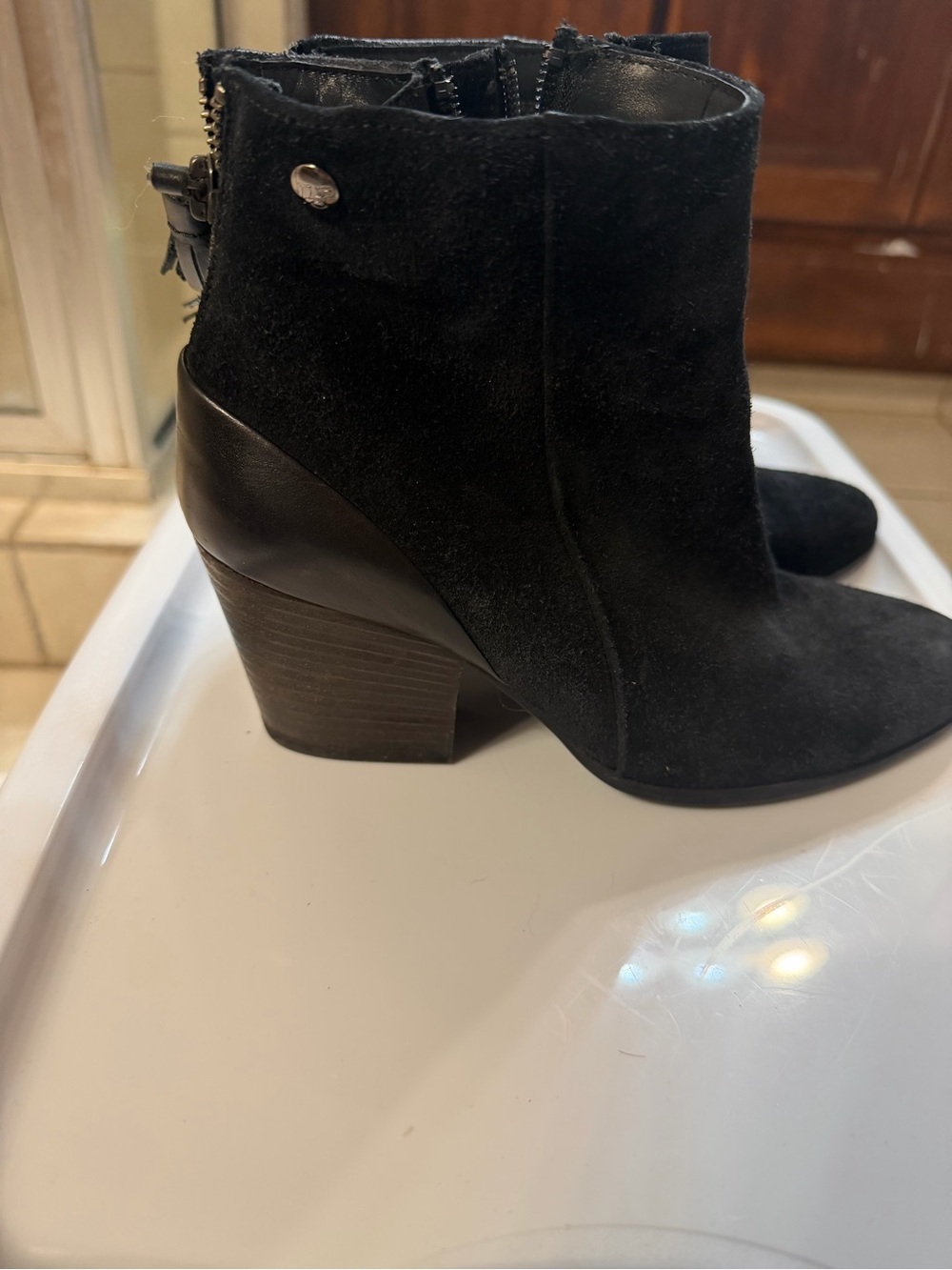 Paul Green Black Suede Ankle Booties with Block Heel